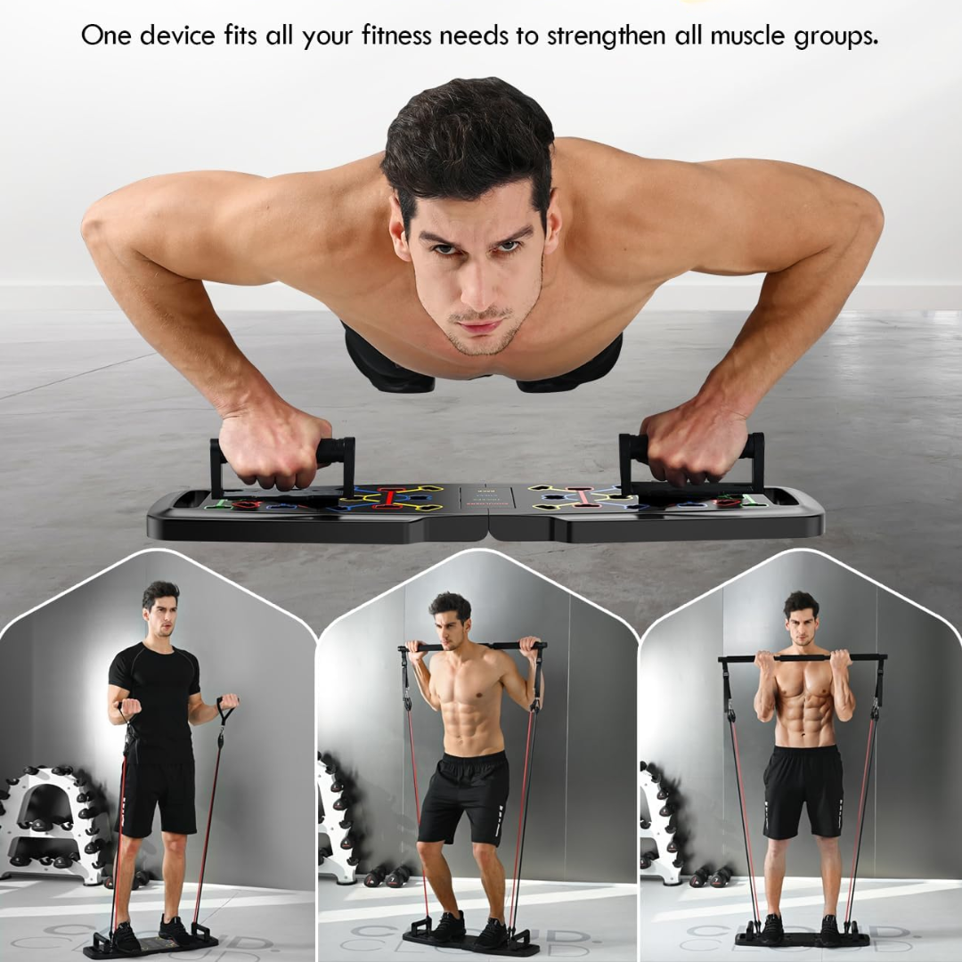 Portable home gym kit: resistance bands, push-up board, Pilates bar & ab roller for full body fitness.