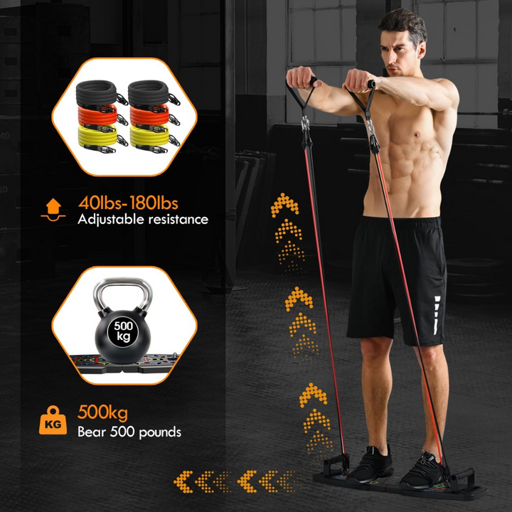 All-in-one portable home gym with resistance bands, push-up board & ab roller for effective workouts.