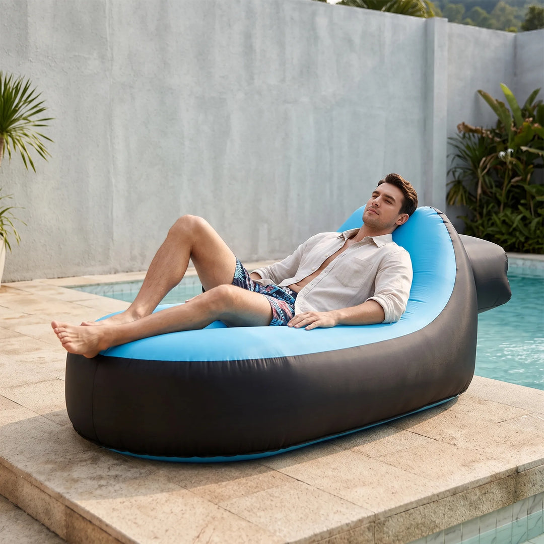 Unisex portable inflatable lounger, perfect for camping, beach, or garden relaxation. Easy setup outdoor comfort.