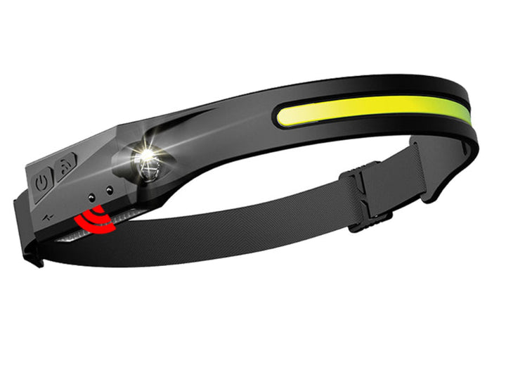 Unisex portable LED headlamp with wide beam illumination for hands-free light in outdoor activities.