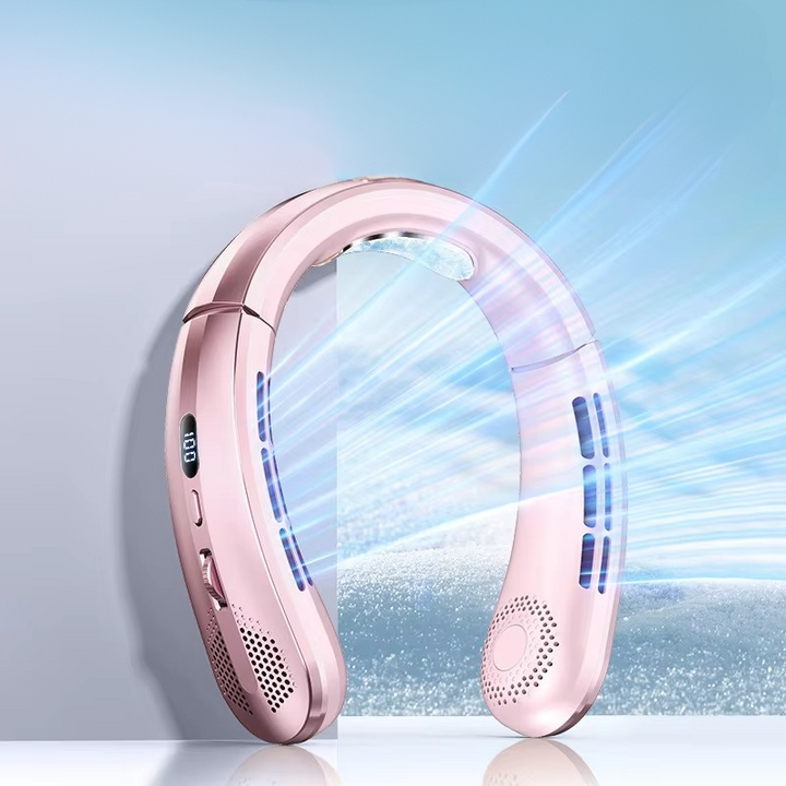 Powerful personal air conditioner neck fan. Rechargeable & leafless, provides instant relief from heat & humidity.