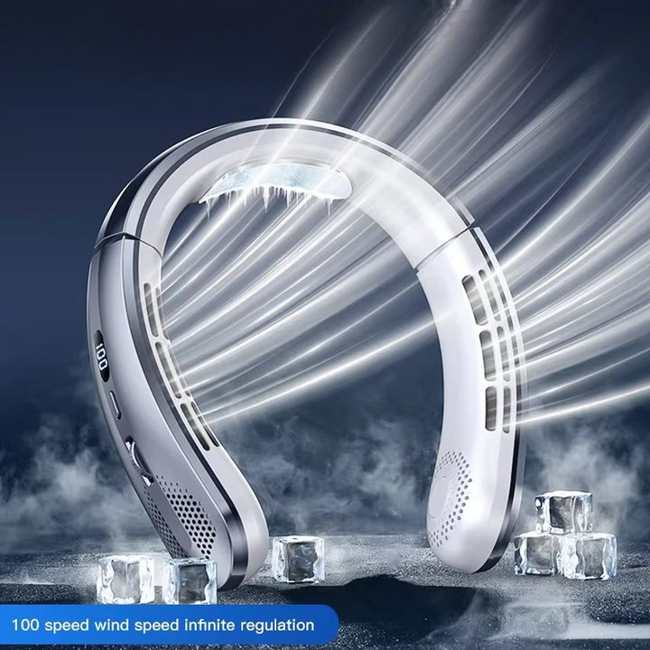 Summer essential: rechargeable neck fan for outdoor adventures, sports, or just relaxing in the heat. A cooling device.