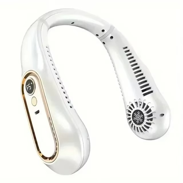Versatile portable neck fan, suitable for men & women. Rechargeable cooling device for work, travel, gym.