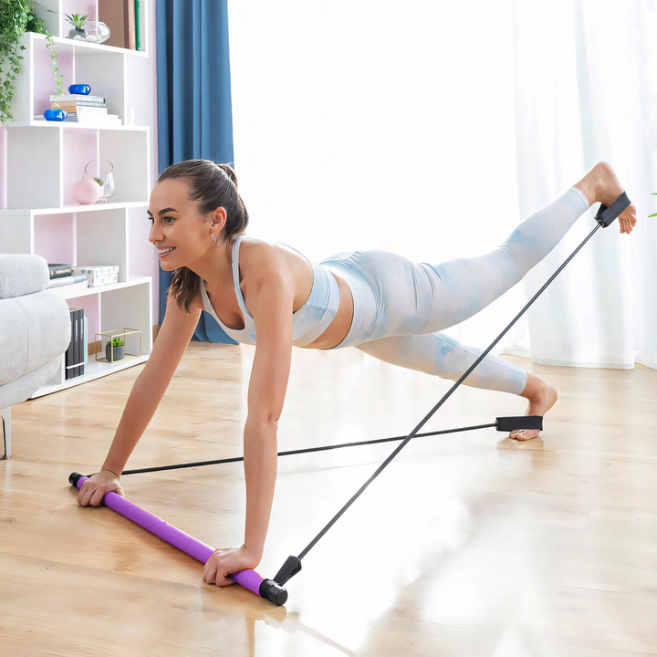FitSculpt portable Pilates bar with foot loops, perfect for low-impact home workouts and core strength.