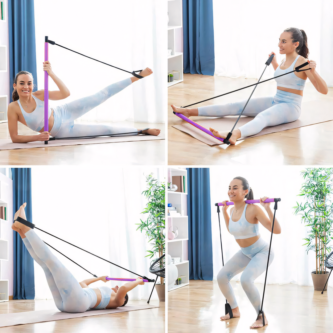 Pilates bar with resistance bands for effective home strength training; portable gym for men & women.