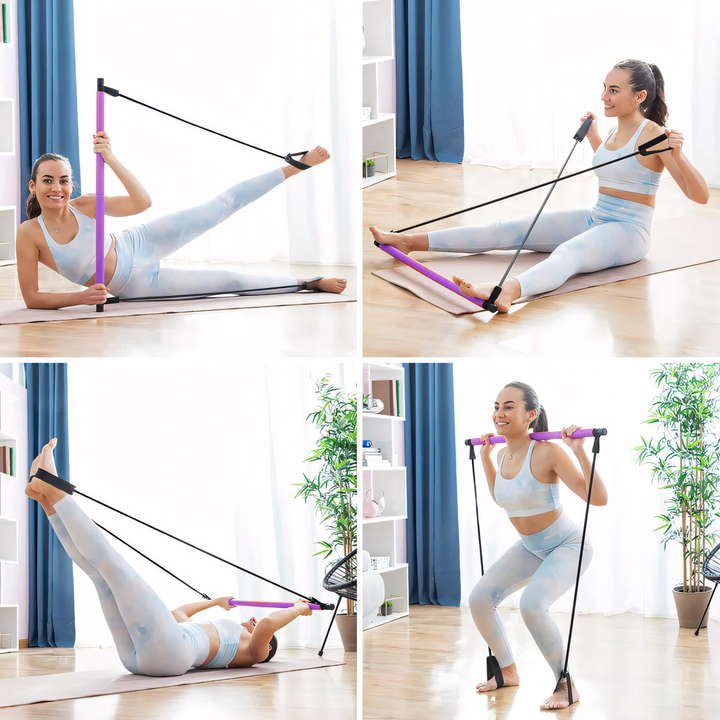 Pilates bar with resistance bands for effective home strength training; portable gym for men & women.