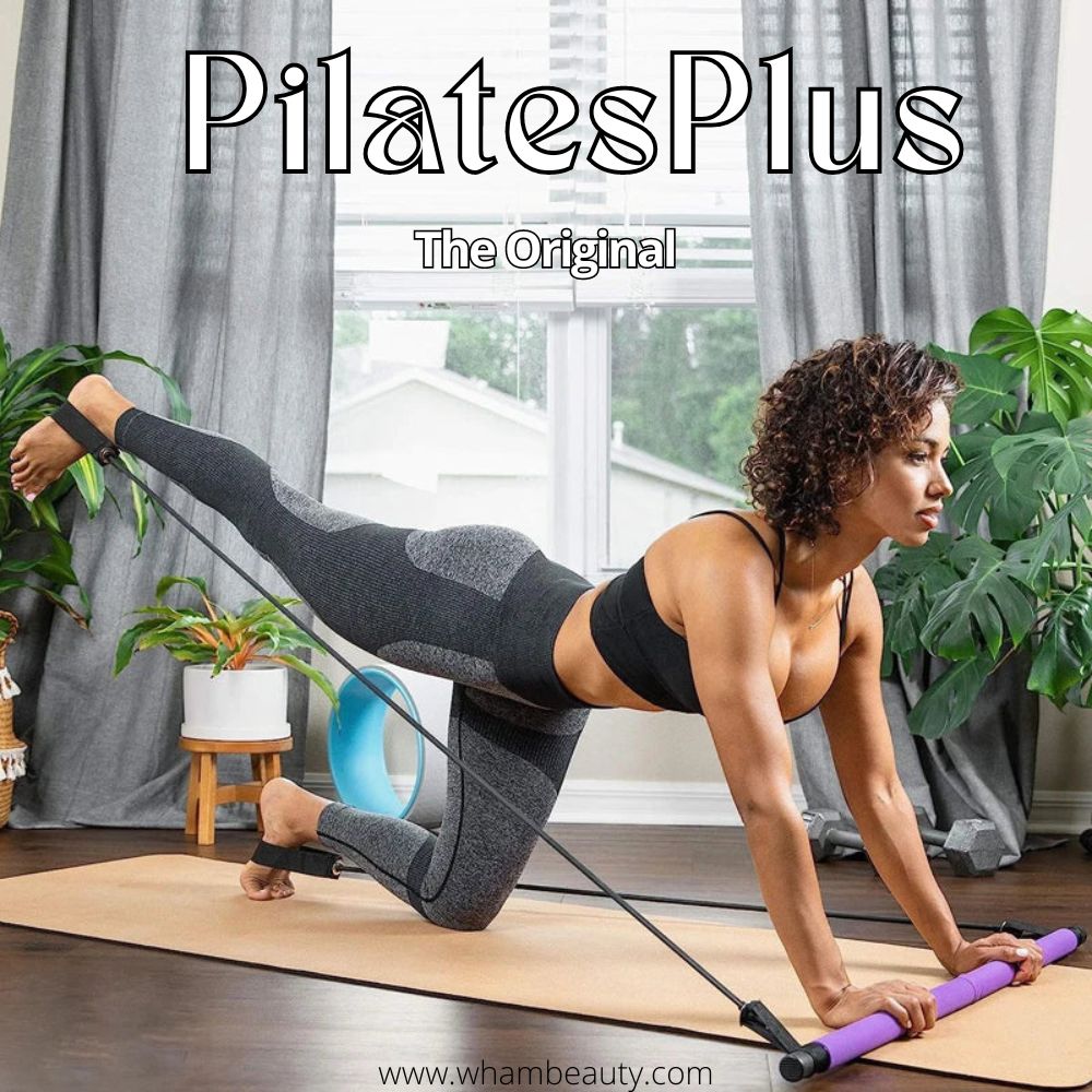 Woman doing Pilates with portable bar & resistance bands, achieving full body workout & improved core strength.