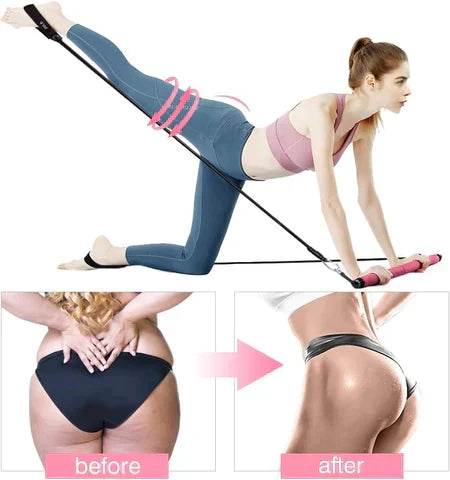 Portable Pilates bar set components: detachable bar, resistance bands, and foot straps for diverse home exercise.