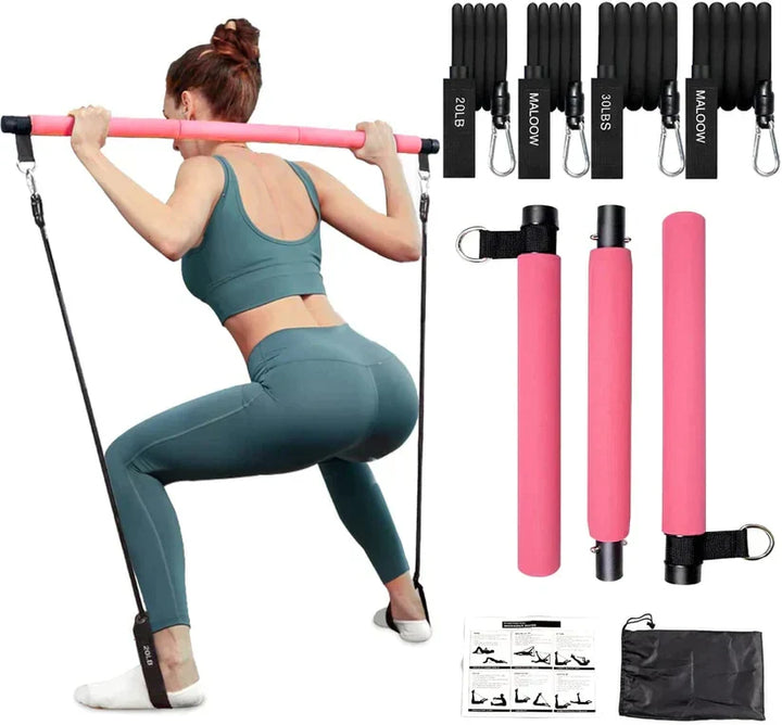 Compact, portable Pilates bar set with resistance bands for easy travel; perfect for a quick home gym workout.