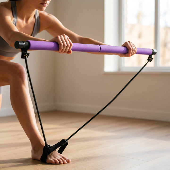 Unisex portable Pilates bar with resistance bands for full body home workouts & fitness. Easy to store.