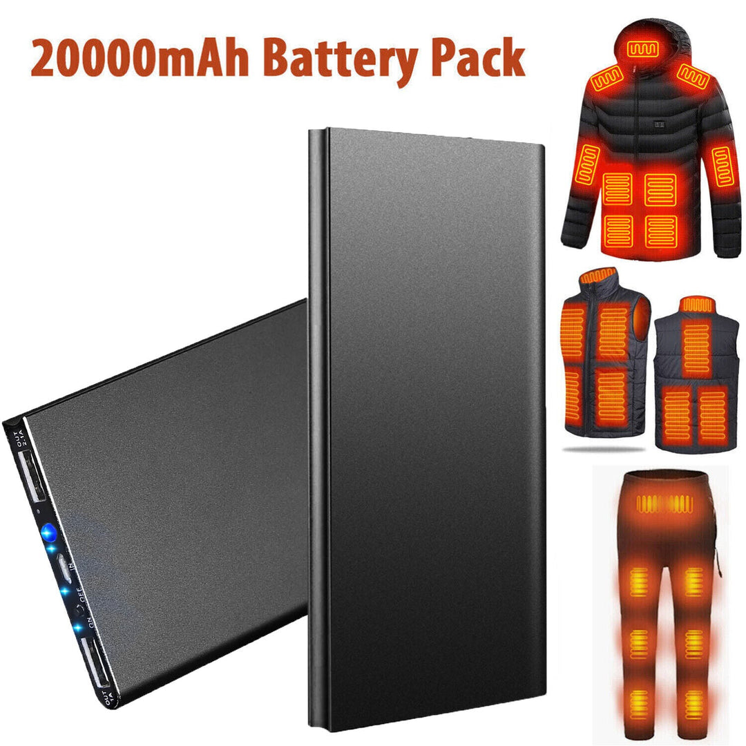 Unisex portable power bank with USB charger for heated jackets. Essential outdoor gear, mobile power & emergency flashlight.