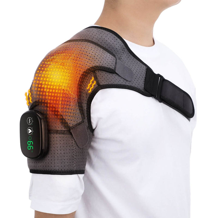 Unisex portable shoulder massager with heat and vibration therapy for pain relief and muscle relaxation.