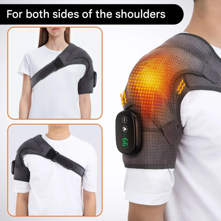 Ergonomic portable shoulder massager with targeted heat and vibration for deep muscle relaxation and pain relief.