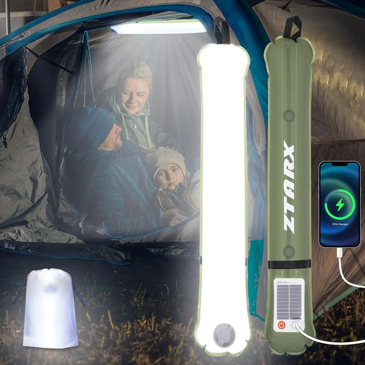 Unisex portable solar LED tube light, inflatable & rechargeable, perfect for camping & outdoor adventures.