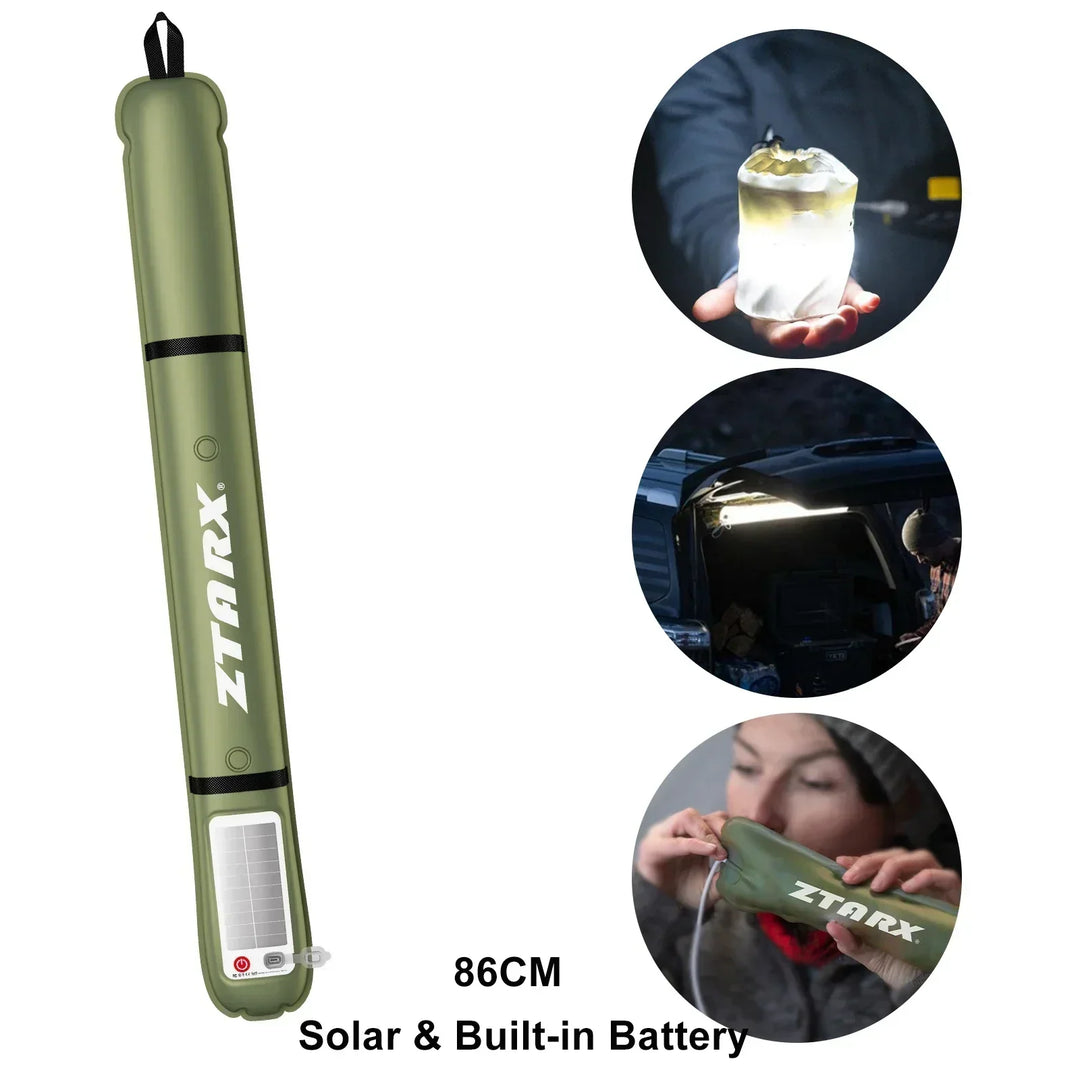 Close-up of solar panel on rechargeable LED tube light, inflatable design, efficient power.
