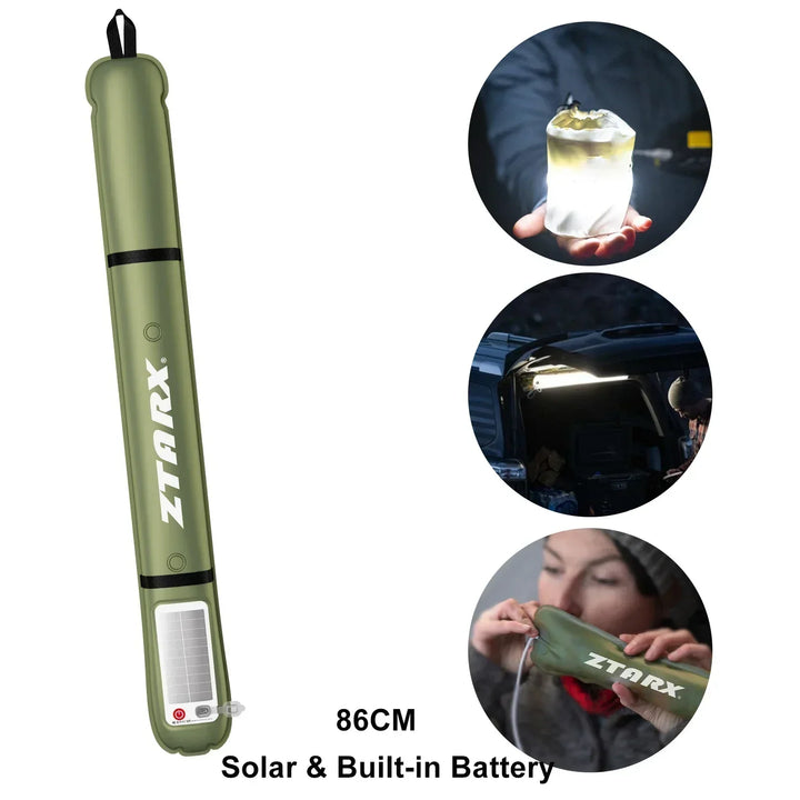 Close-up of solar panel on rechargeable LED tube light, inflatable design, efficient power.