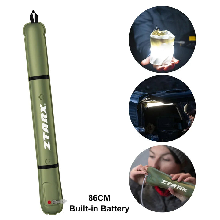 Hand holding a portable inflatable solar LED tube light, ready for camping or outdoor illumination.