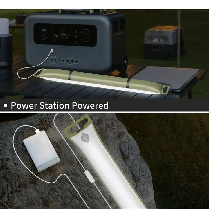 Rechargeable LED tube light, solar-powered inflatable design, ideal for outdoor gear & portable lighting.