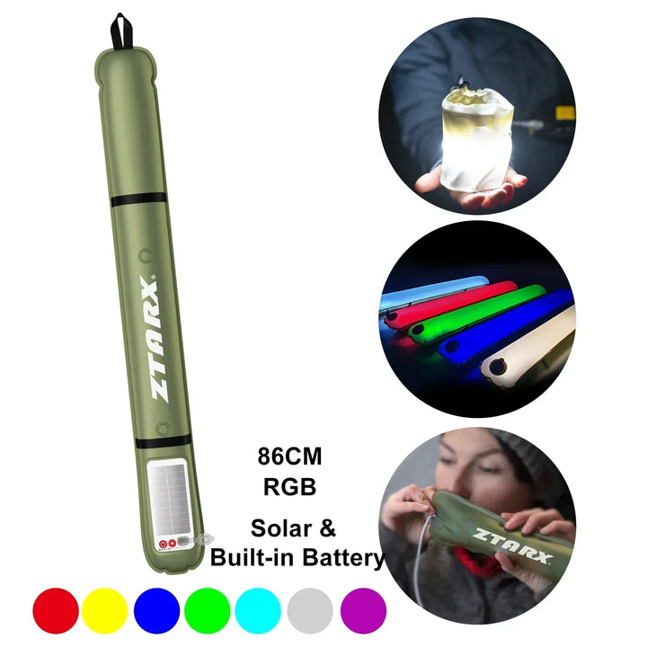 Magnetic solar LED tube light, inflatable and rechargeable, versatile portable lighting for any adventure.