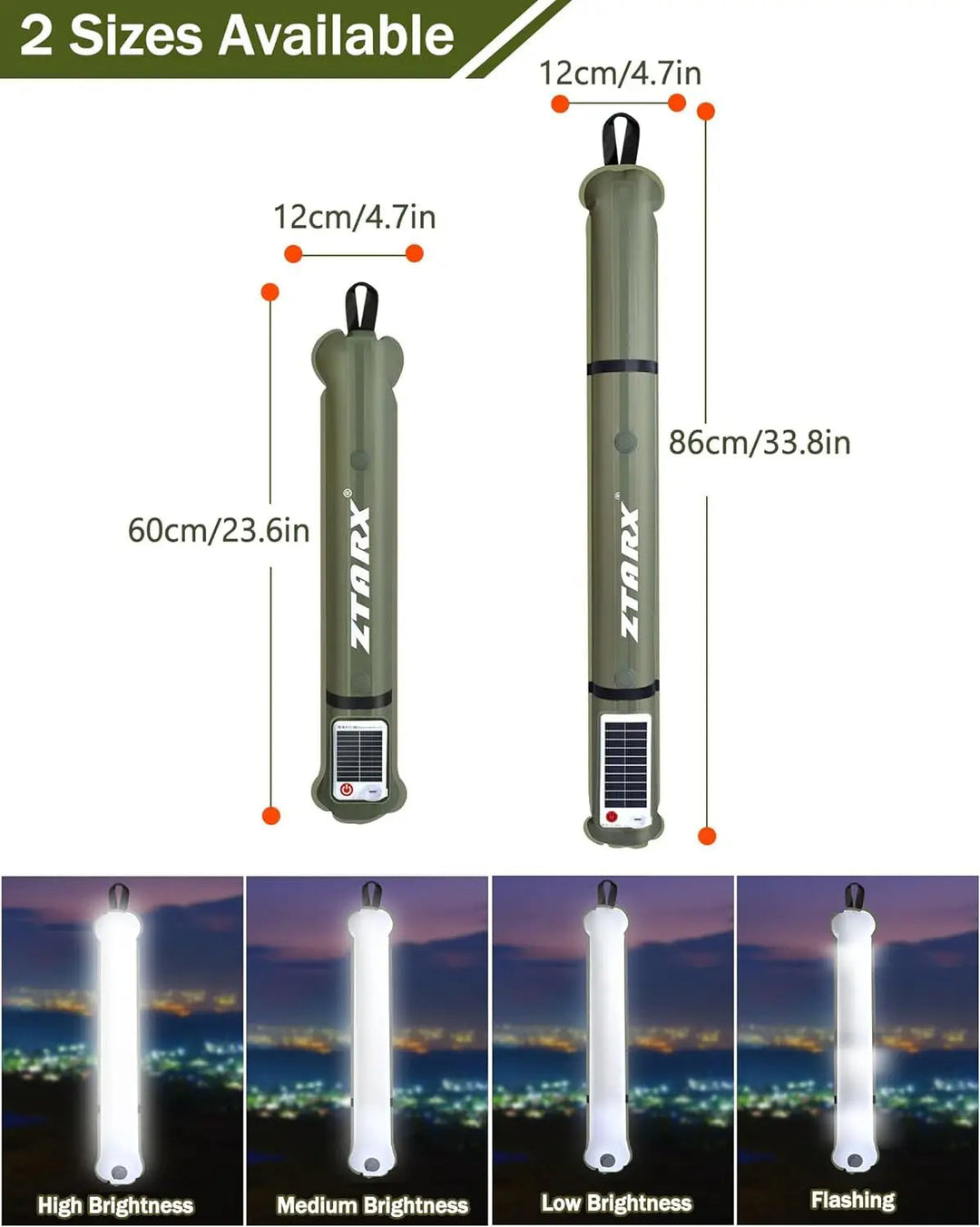 Adventure-ready inflatable solar LED tube light, portable, rechargeable, for camping & emergency kits.
