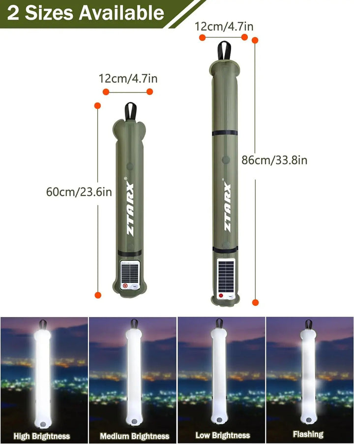 Adventure-ready inflatable solar LED tube light, portable, rechargeable, for camping & emergency kits.