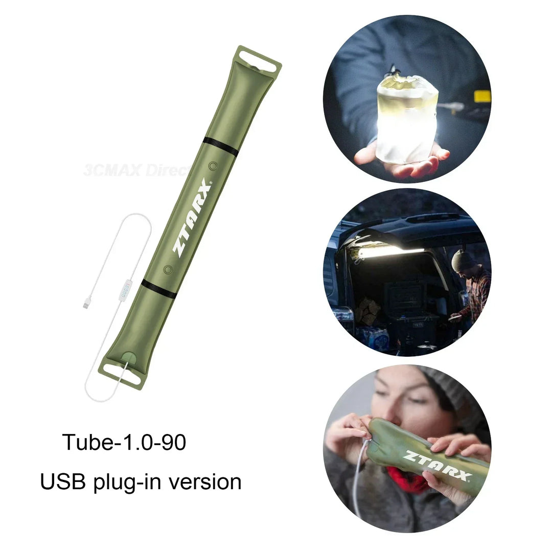 Eco-friendly solar LED tube light, inflatable, portable, providing sustainable lighting for outdoor use.