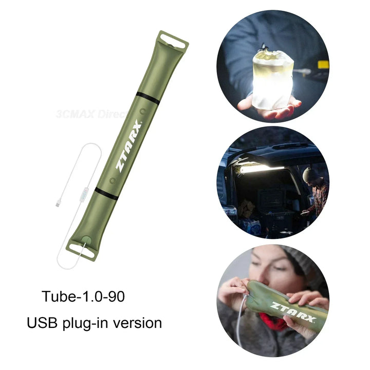 Eco-friendly solar LED tube light, inflatable, portable, providing sustainable lighting for outdoor use.