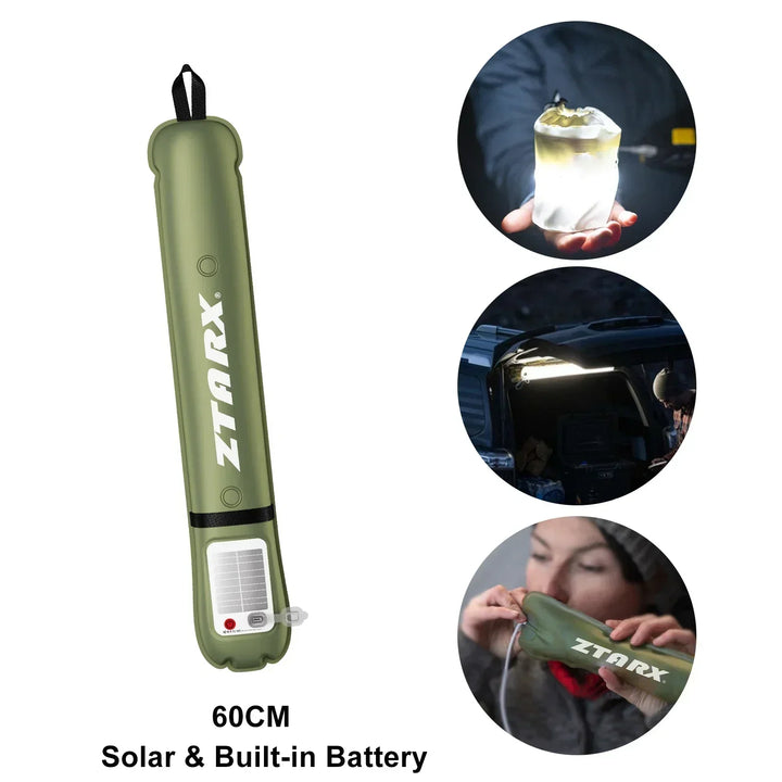 Deflated inflatable solar LED tube light, compact for travel, easy to store, ready for charging.