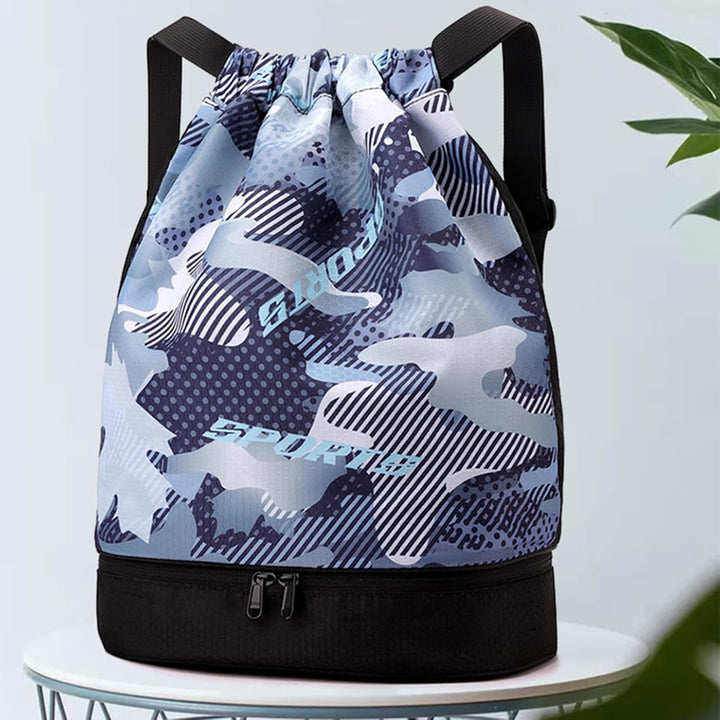 Black unisex duffle bag for sports, featuring a separate shoe compartment and shoulder strap