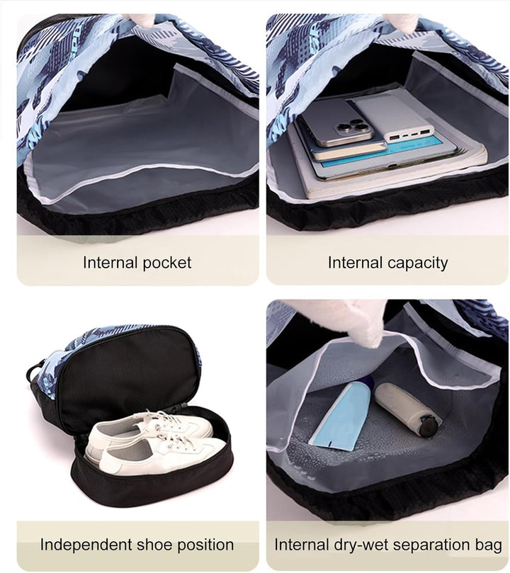 Stylish blue portable duffle bag with shoe compartment, ideal as a gym or weekend travel bag