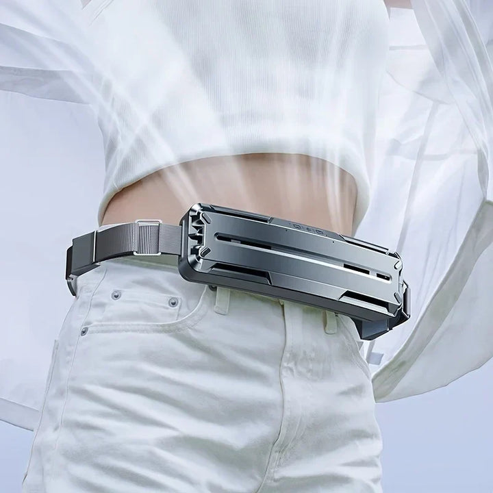 Unisex portable USB rechargeable waist & neck fan, hands-free personal cooling for outdoor activities.