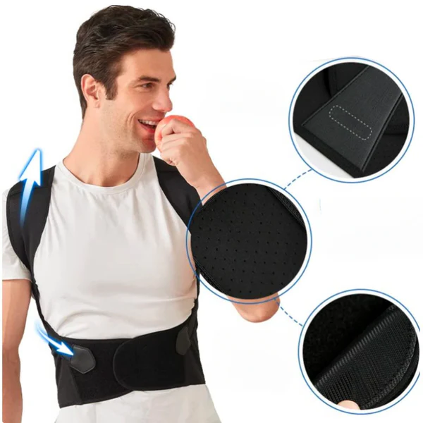 Wearing a unisex posture corrector to improve posture, reduce back pain, and support spinal health.