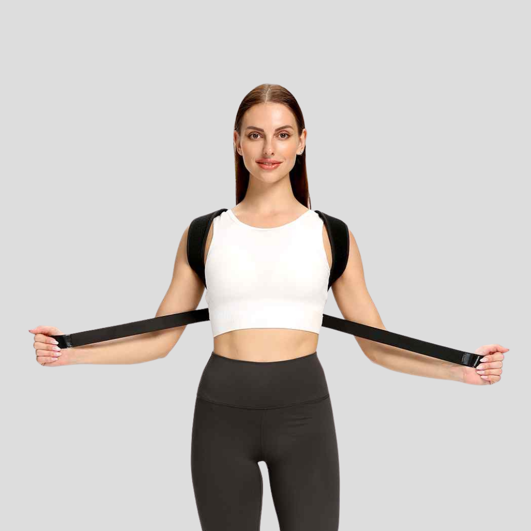 Adjustable back and shoulder brace for posture support, helping relieve pain and improve spinal alignment.