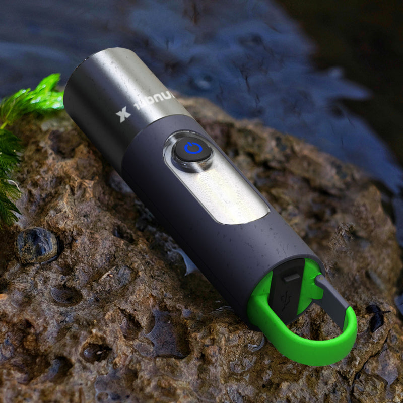 Close-up of the PowerBeam LED zoomable flashlight, highlighting its robust design.