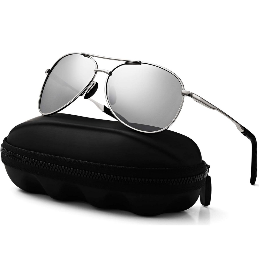 Unisex premium aviator sunglasses with polarized lenses offering UV protection, front view
