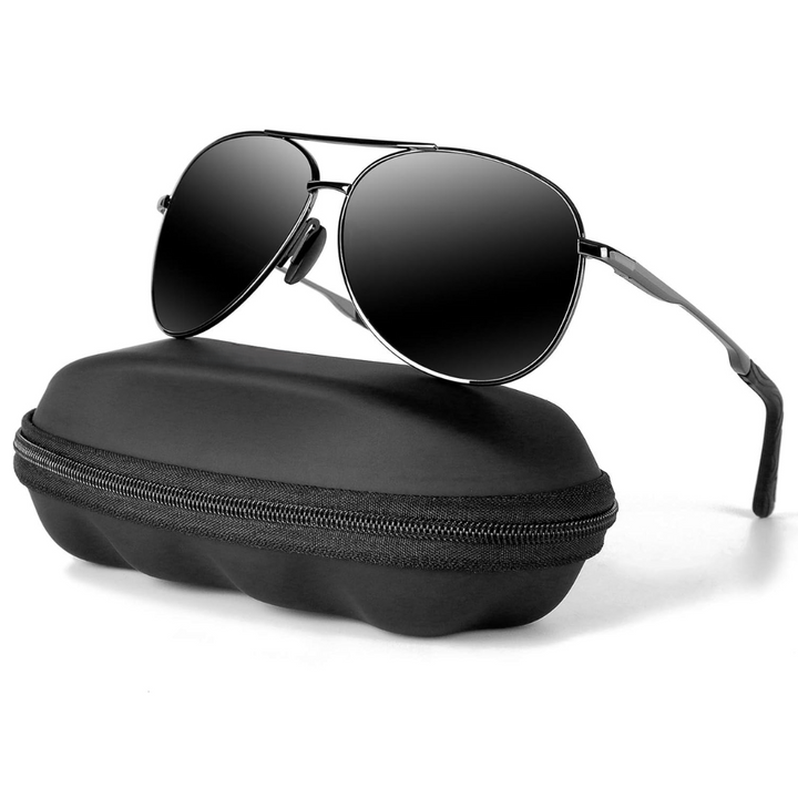 Detailed shot of the temple arm on premium polarized aviator sunglasses with brand logo