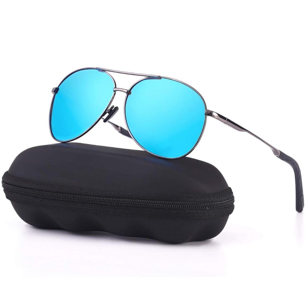 Side view of unisex aviator sunglasses, showcasing sleek design and polarized feature