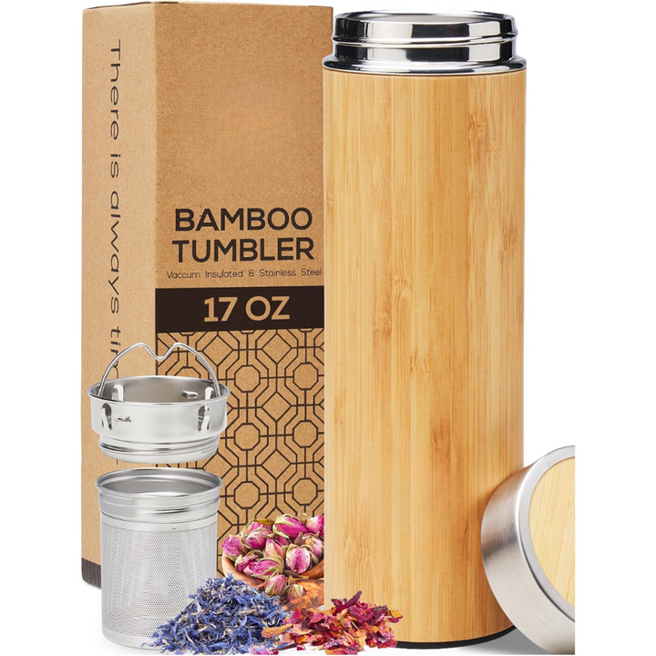 Unisex premium bamboo tea infuser bottle, 17 fl oz, for loose leaf tea brewing.