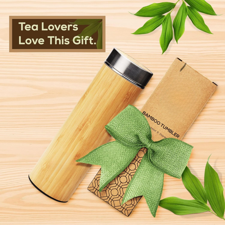 Insulated bamboo tea infuser flask, keeping loose leaf tea hot or cold for hours.