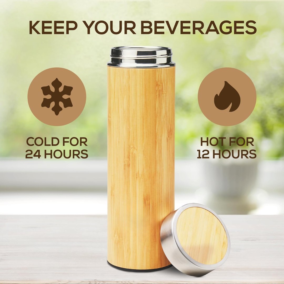 Eco-friendly bamboo bottle with built-in tea infuser for sustainable loose leaf tea.