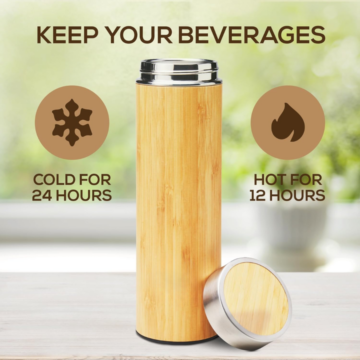 Eco-friendly bamboo bottle with built-in tea infuser for sustainable loose leaf tea.