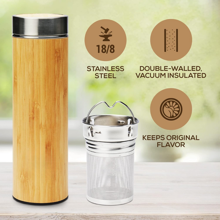 Portable travel tea infuser bottle made from natural bamboo for tea on-the-go.