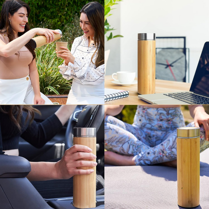 Unisex insulated bamboo tea infuser bottle, perfect for loose leaf tea, travel, and gifts.
