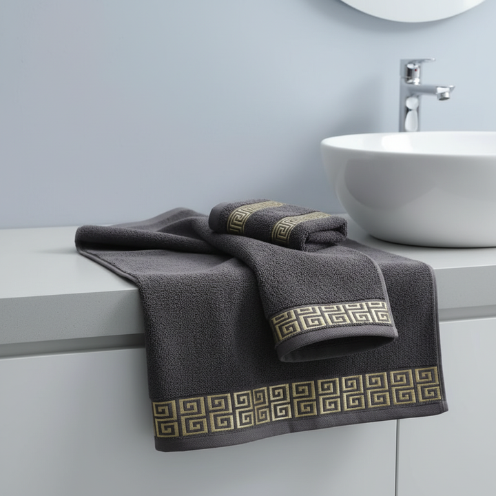 Unisex premium bath towel set, two white absorbent cotton ComfortTowels, for a stylish bathroom.