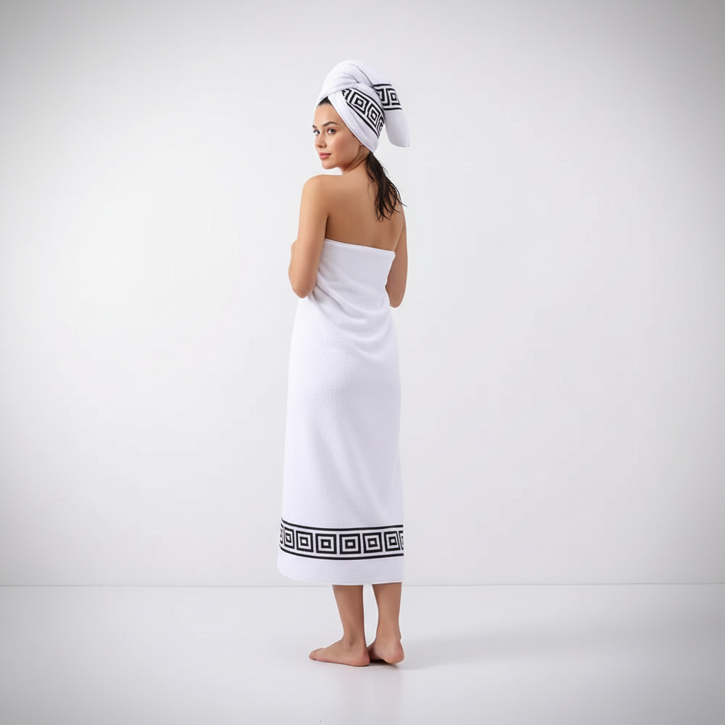Close-up of fluffy white unisex bath towel set, two ComfortTowels, showcasing soft cotton texture.