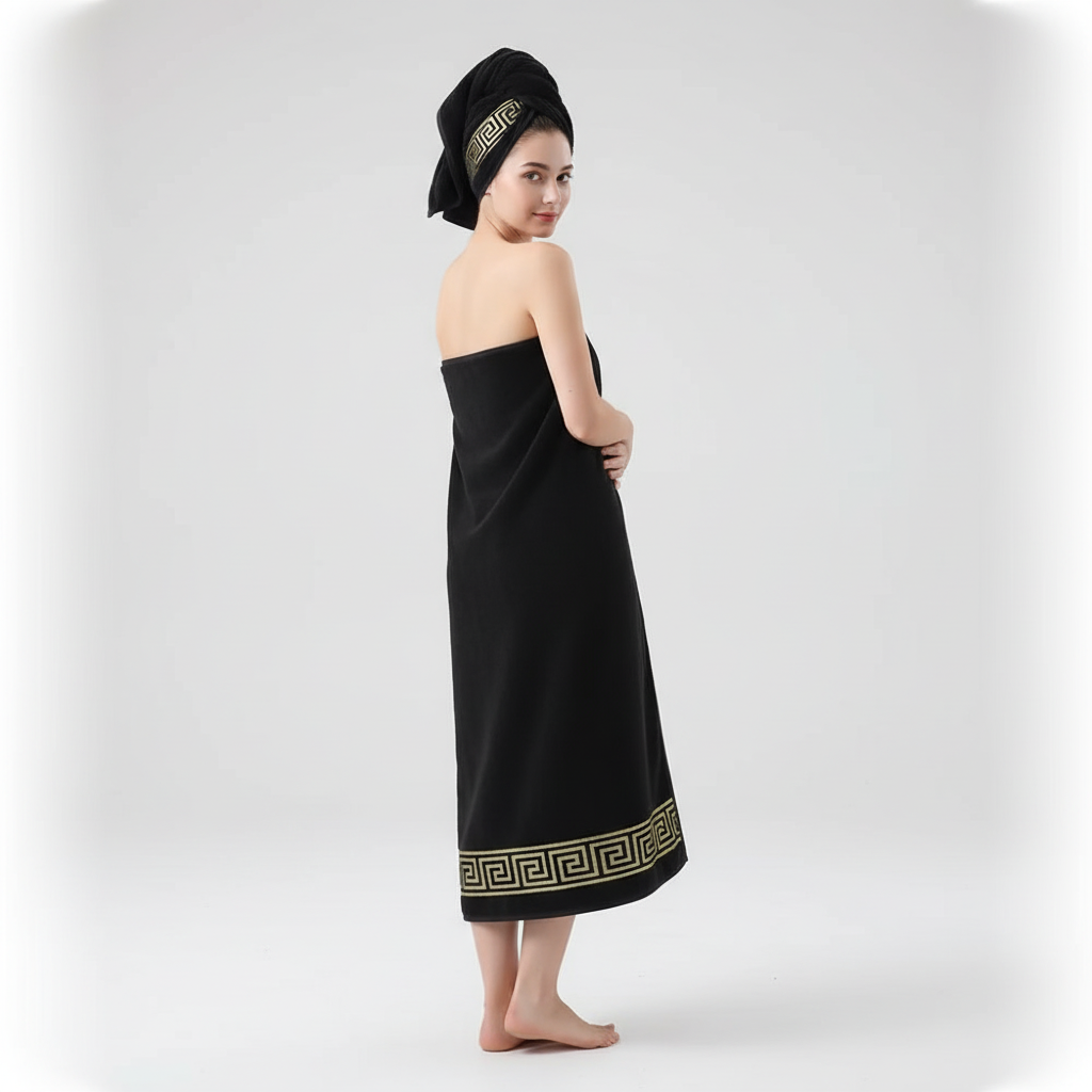 Folded unisex bath towel set, two ComfortTowels on a shelf, absorbent and hypoallergenic cotton.