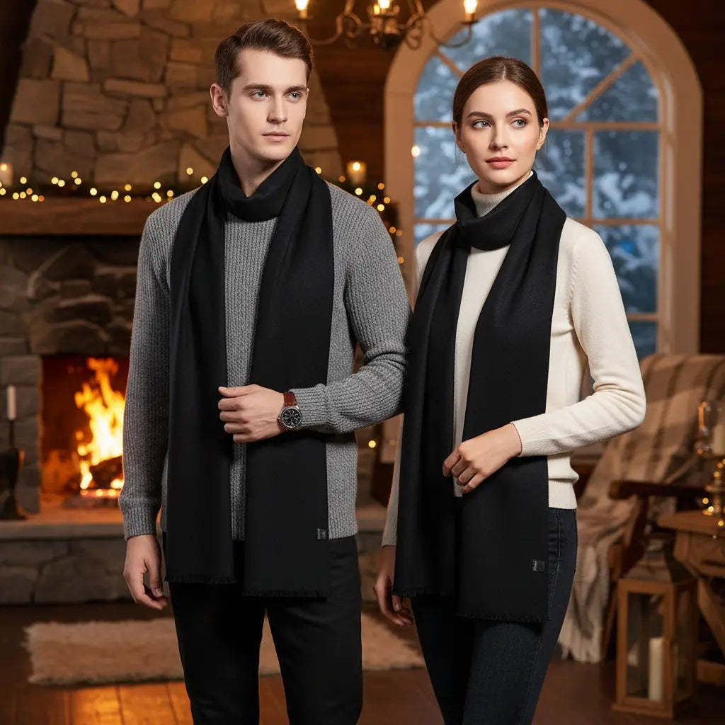 Unisex premium cashmere-feel winter scarf, soft & warm, draped elegantly for cold weather fashion.
