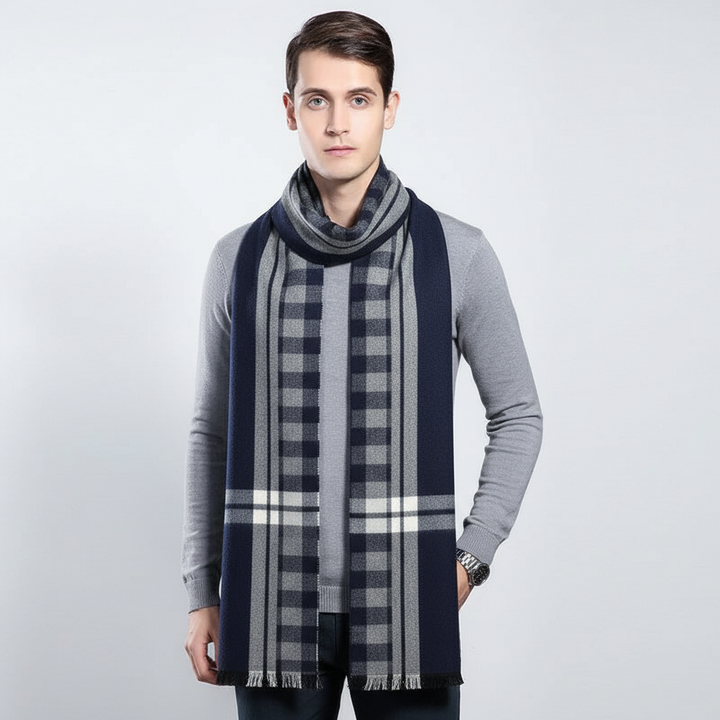 Elegant unisex winter scarf in a classic plaid cashmere-feel, perfect for sophisticated warmth.