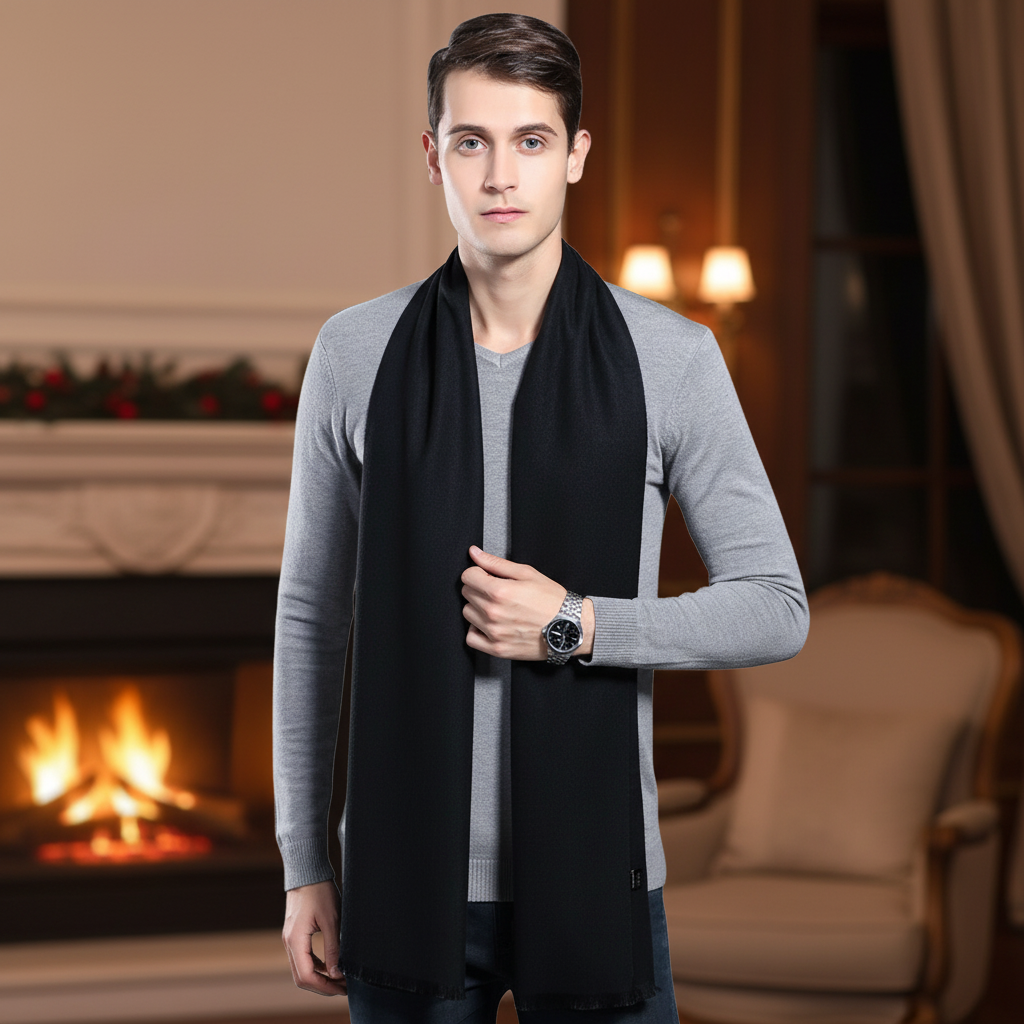 Luxurious cashmere-feel unisex winter scarf in black, providing warmth and sophisticated style.