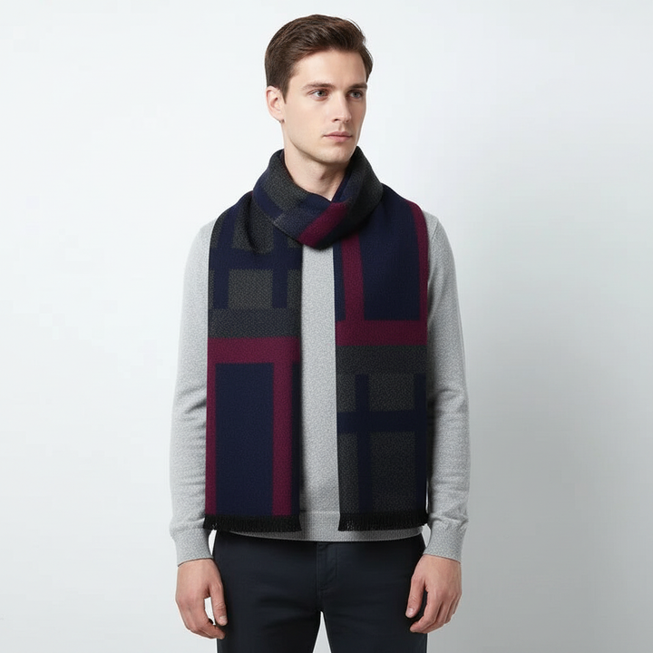 A vibrant red cashmere-feel unisex winter scarf, adding a pop of color and warmth to an outfit.
